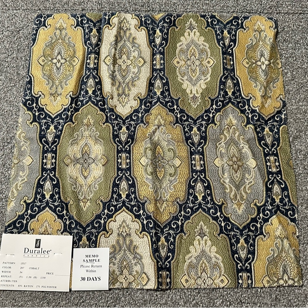 Duralee Fabric Sample Remnant 15317 Cobalt Blue Green Gold Victorian Crafts